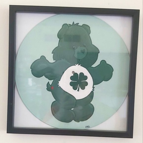 Handpainted Vinyl Record Painting ~ Care Bears Good Luck Bear - FRAMED - Picture 1 of 2